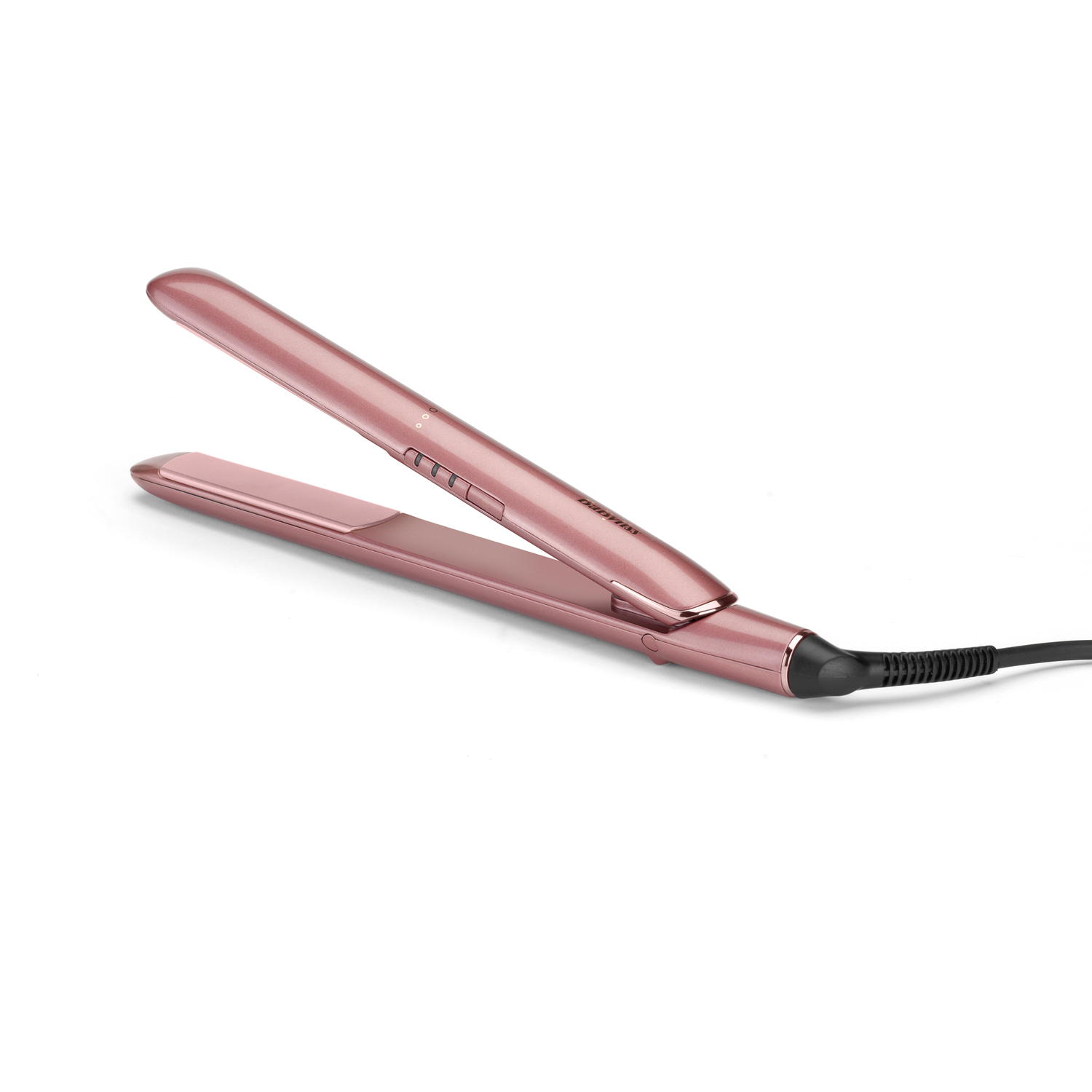 A rose gold hair straightener on a white background. The straightener is open, and a black cord is attached.