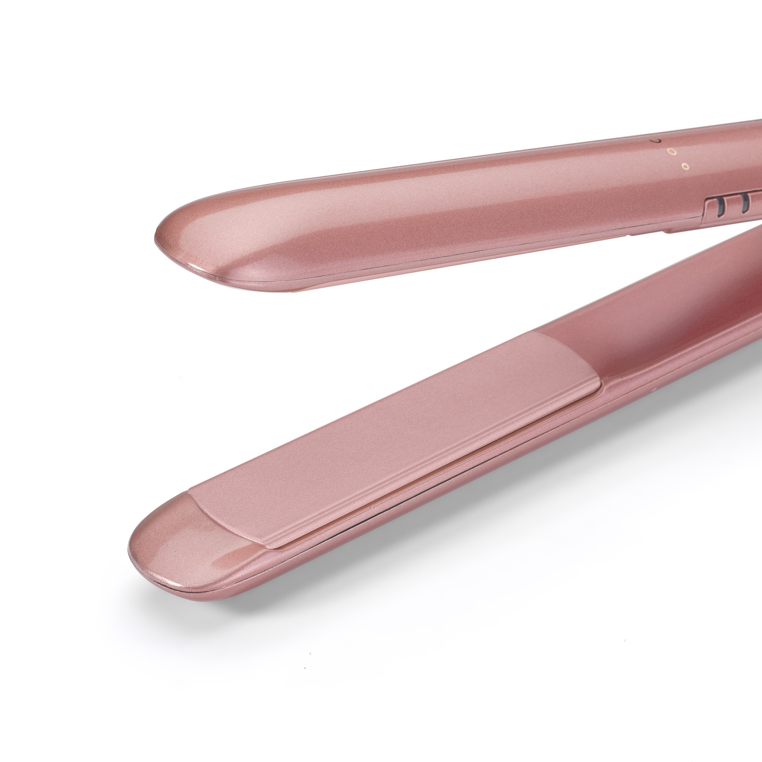 A rose gold hair straightener is displayed against a white background, with the plates open. The device is angled towards the viewer.