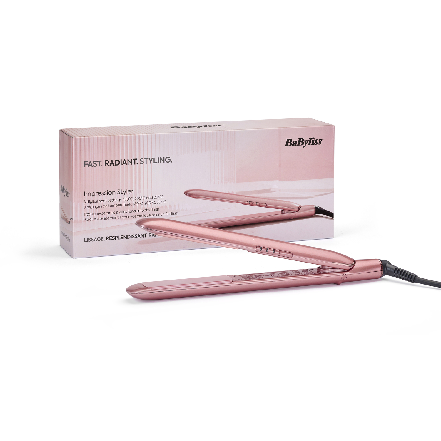 A pink Babyliss hair straightener and its box on a white background. The box says 'Impression Styler'.