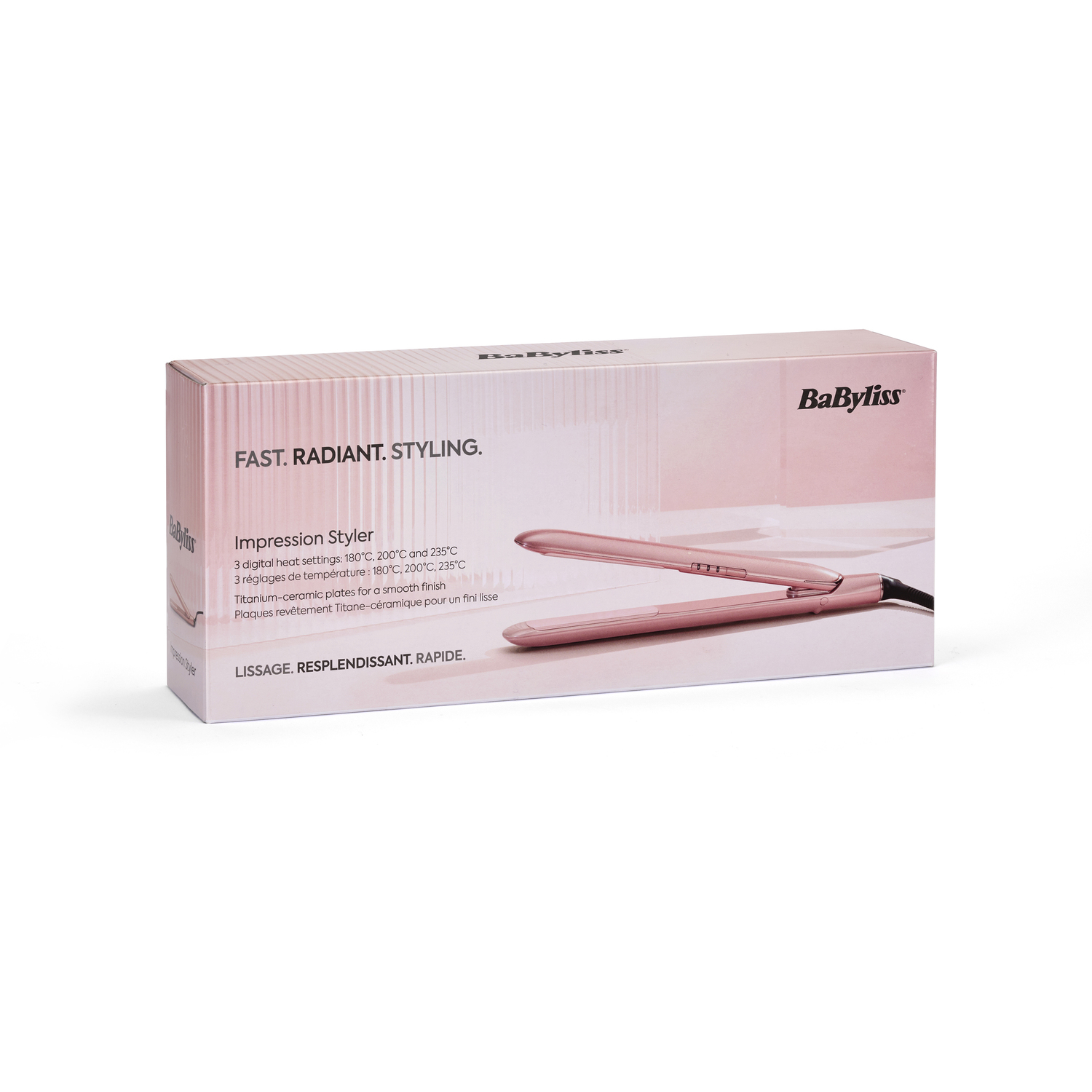 A pink Babyliss hair straightener box. Text reads 'Fast, Radiant, Styling,' and product information. The straightener is visible inside.