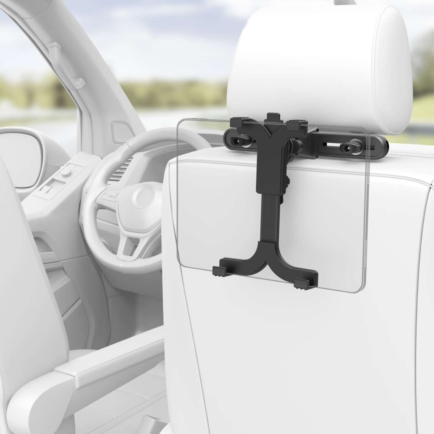 Un support de tablette noir est monté sur un appui-tête de siège de voiture blanc, à l'intérieur d'une voiture.