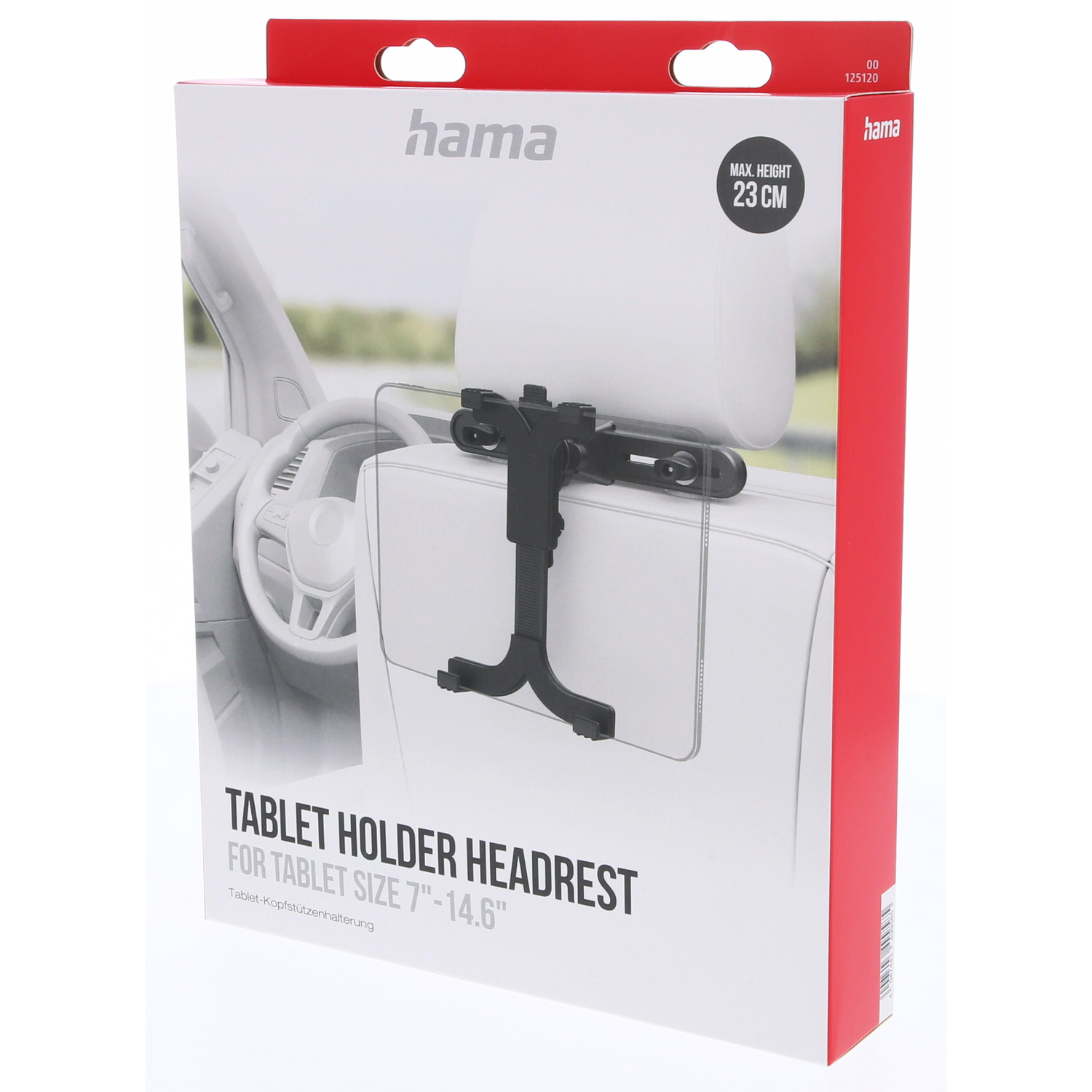 Boîte pour un support de tablette Hama pour appuie-tête. Elle est blanche et rouge avec un appuie-tête de voiture et un support de tablette.