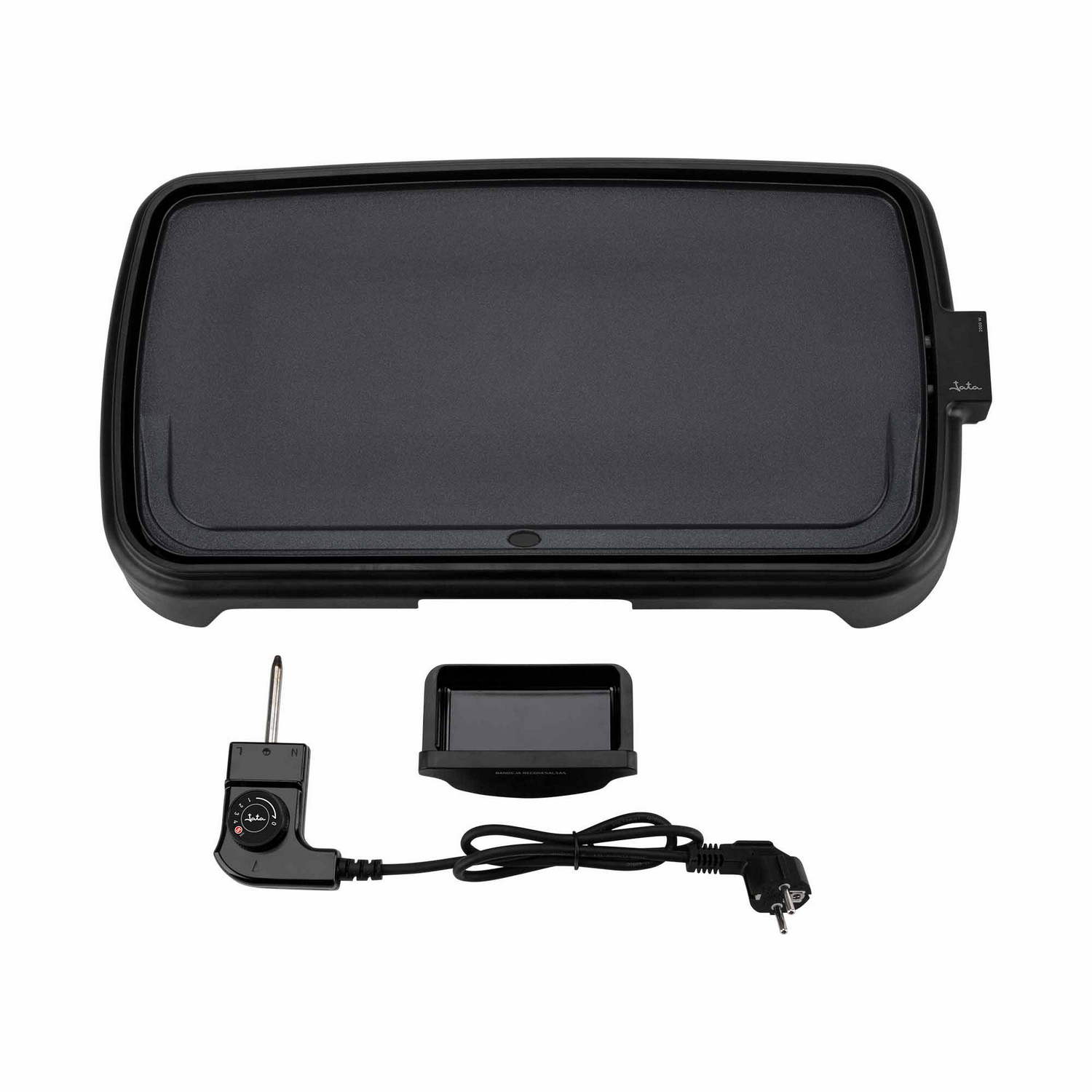 Una plancha eléctrica negra con una unidad de control, un recipiente y un cable de alimentación.