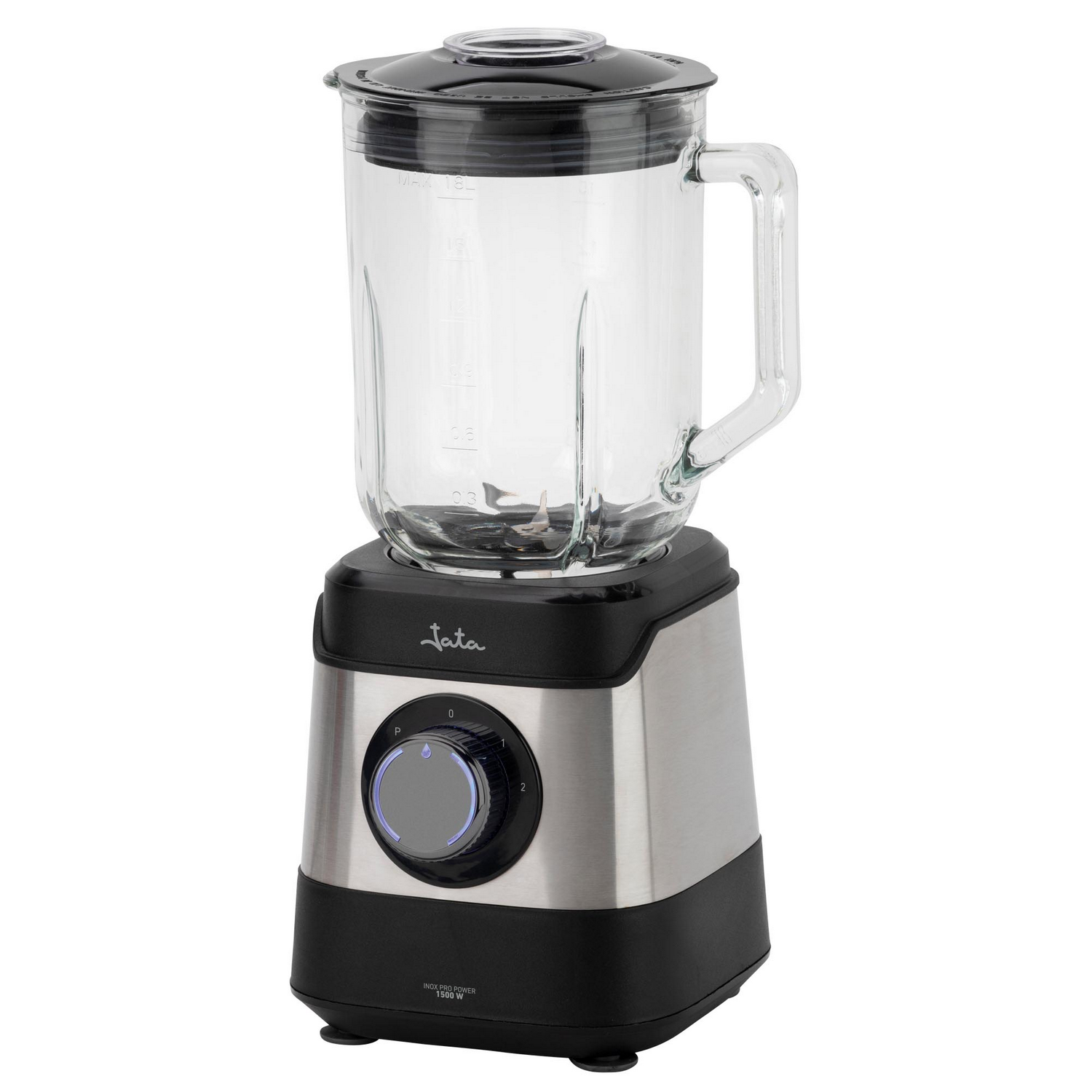Una licuadora con un vaso de vidrio y tapa negra se apoya sobre una base de acero inoxidable. Tiene una perilla de control y la marca es 'lata'.