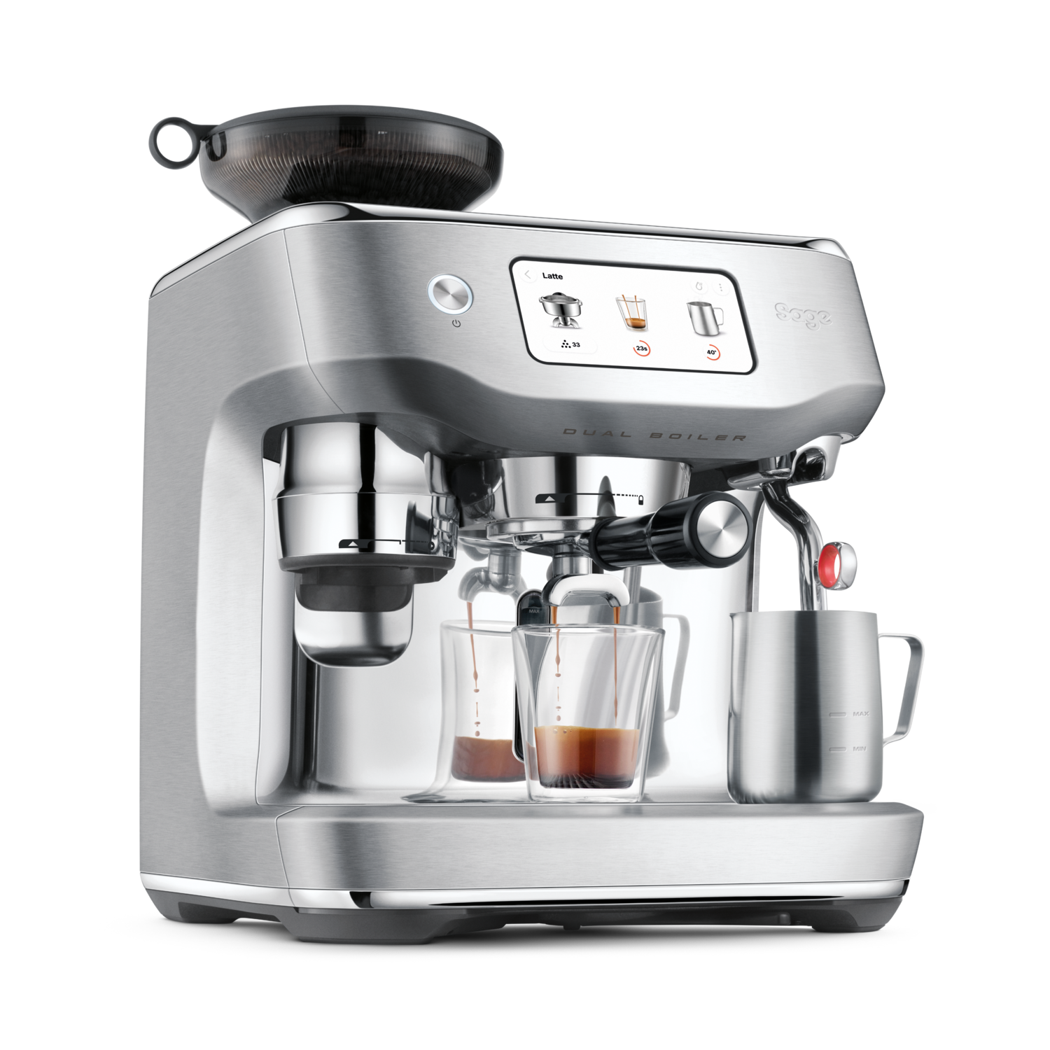 Silver espresso machine with attached grinder. Two shot glasses fill with espresso. Milk frothing pitcher to the right.