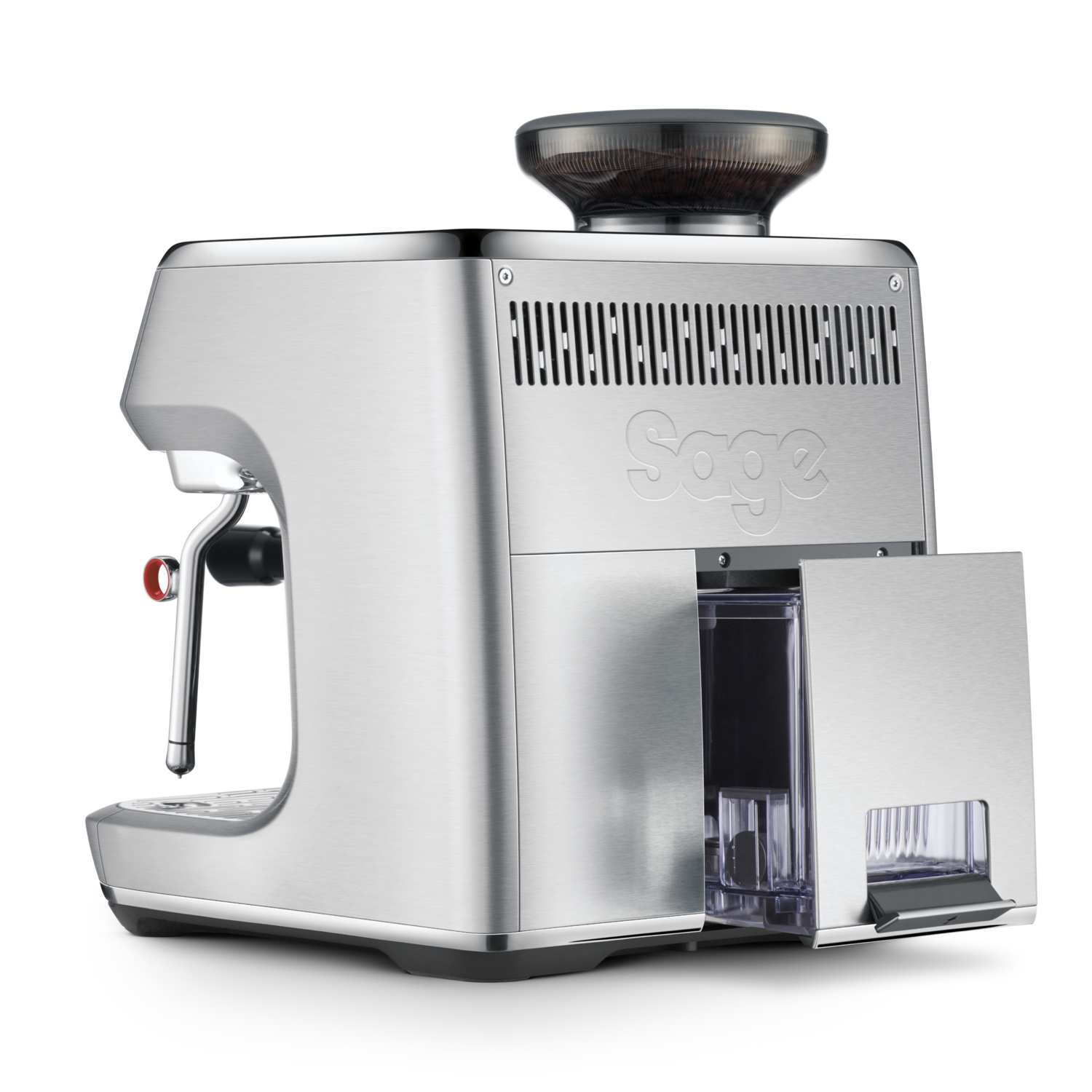 A silver espresso machine with a bean grinder on top. The water container door is open. The brand name "Sage" is visible.