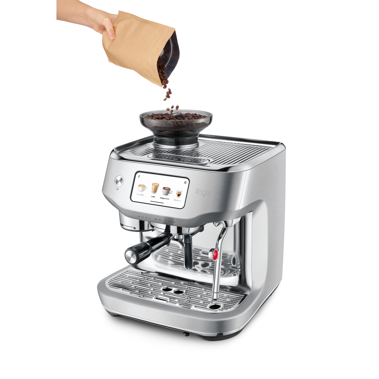 A hand pours coffee beans from a brown paper bag into a coffee machine's grinder. The machine is silver with a black background.