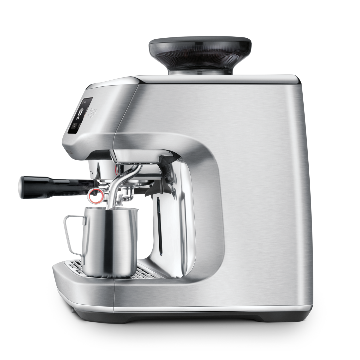 Silver espresso machine with a milk frothing pitcher. It has a grinder on top. The machine is on a black background.