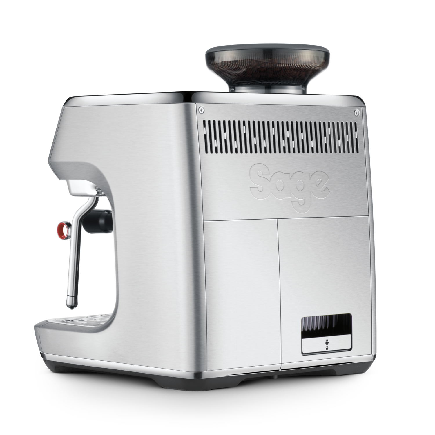 A stainless steel Sage espresso machine. It has a coffee bean hopper on top. The machine has a portafilter and a steam wand.