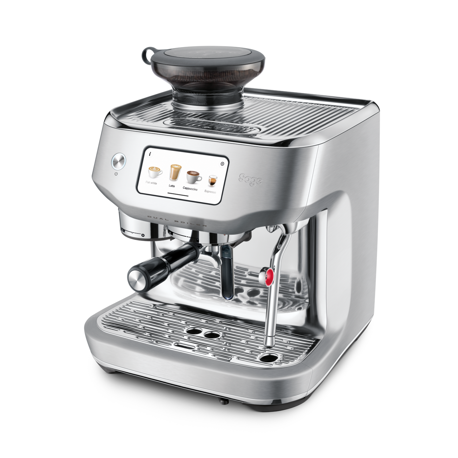 A silver espresso machine with a built-in grinder. It has a touch screen with coffee options. The background is black.