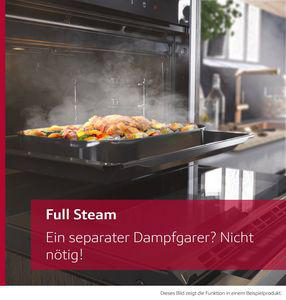 Ofen, der ein Tablett mit Essen dämpft. Huhn und Gemüse sichtbar. Dampf steigt auf. Roter Text-Overlay mit deutschem Text.
