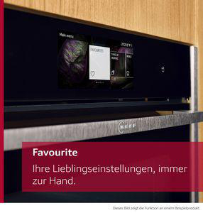 Ein schwarzer Ofen mit Digitalanzeige. Auf dem Boden des Ofens steht das Wort 'Favorit'.