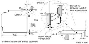 Technische Zeichnung mit Millimeterangaben, Details von Schranktüren, Maßen und Beschriftungen auf Deutsch.