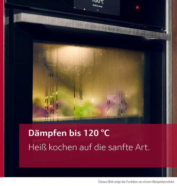 Eine Backofentür ist geöffnet und zeigt Kondensation. Das Display zeigt 180°C an. Text: Dampf bis 120°C. Sanftes Kochen.