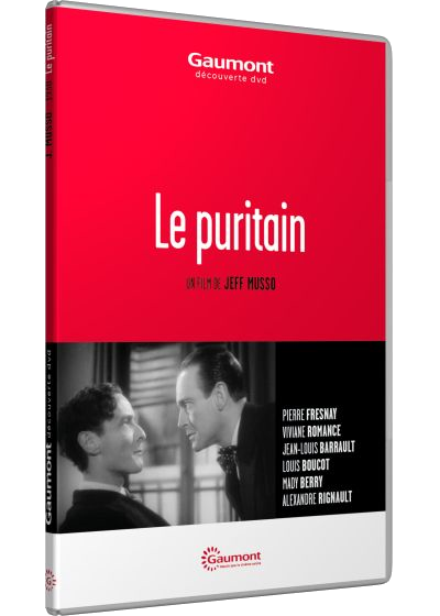 Couverture DVD du film "Le Puritain". Fond rouge avec titre et casting. Deux hommes en costume en bas en noir et blanc.