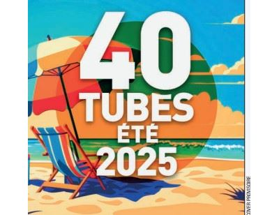 Strandscène met stoel, parasol en tekst "40 tubes été 2025". De lucht is blauw, de zee groen en het zand geel.
