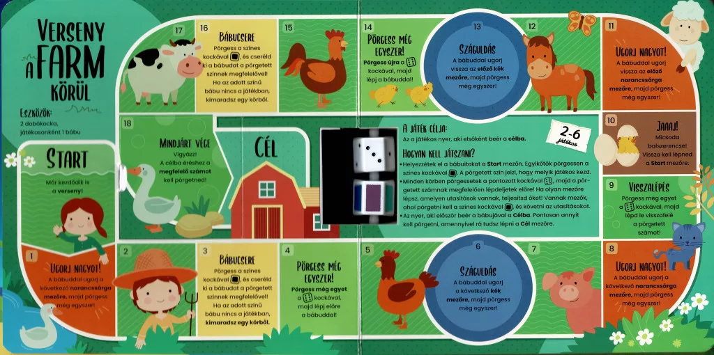 Farm témájú társasjáték. Tartalmaz kockát, bábukat és állat illusztrációkat, mint például tehén, sertés és juh.