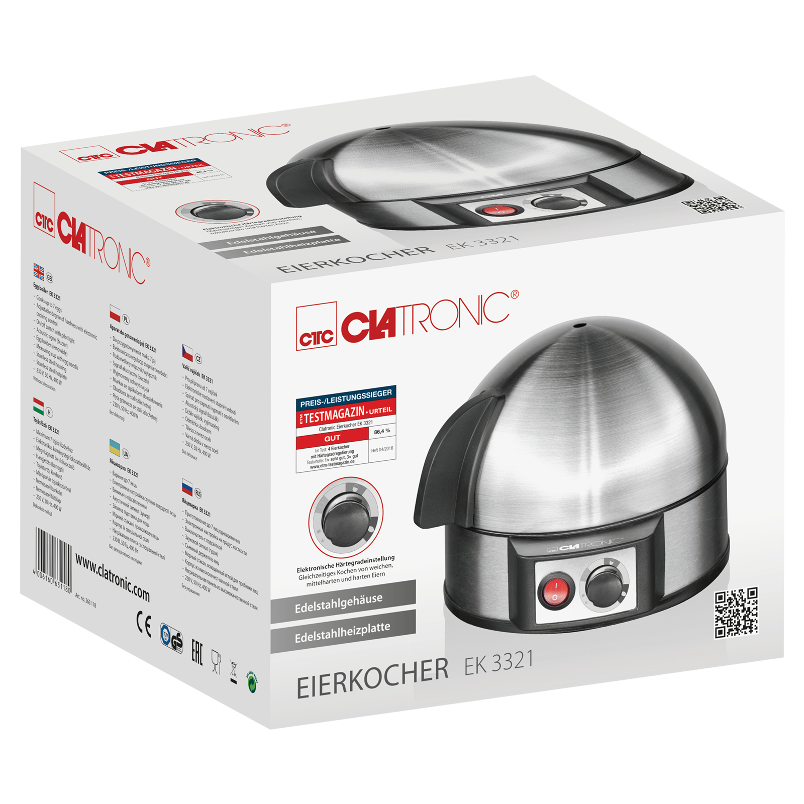 Verpackter Eierkocher mit Edelstahlgehäuse. Mit Drehregler, Knöpfen und Produktdetails.
