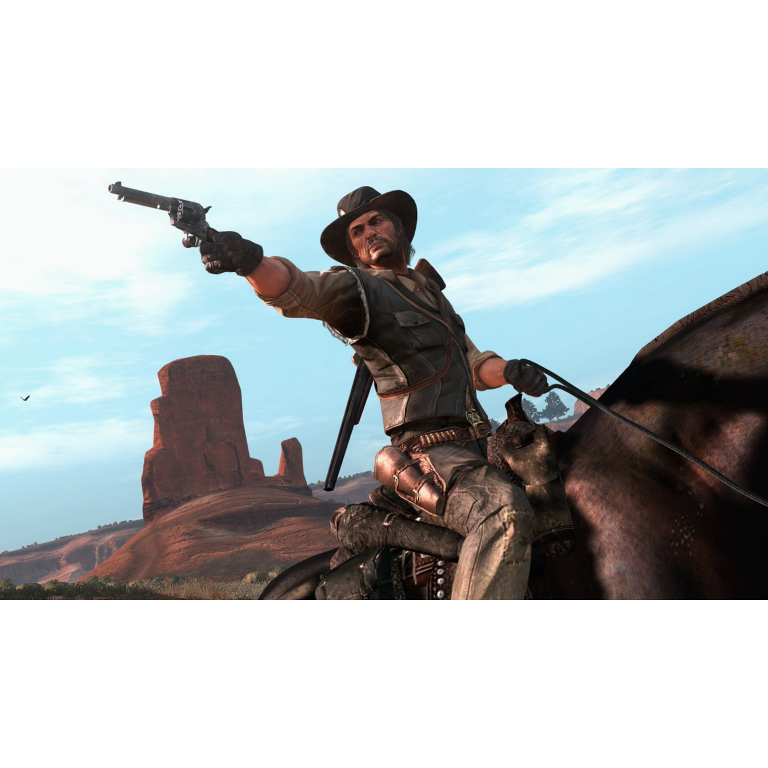 Een cowboy op een paard richt een revolver. Hij draagt een hoed en een leren vest. Rode rotsformaties en blauwe lucht op de achtergrond.