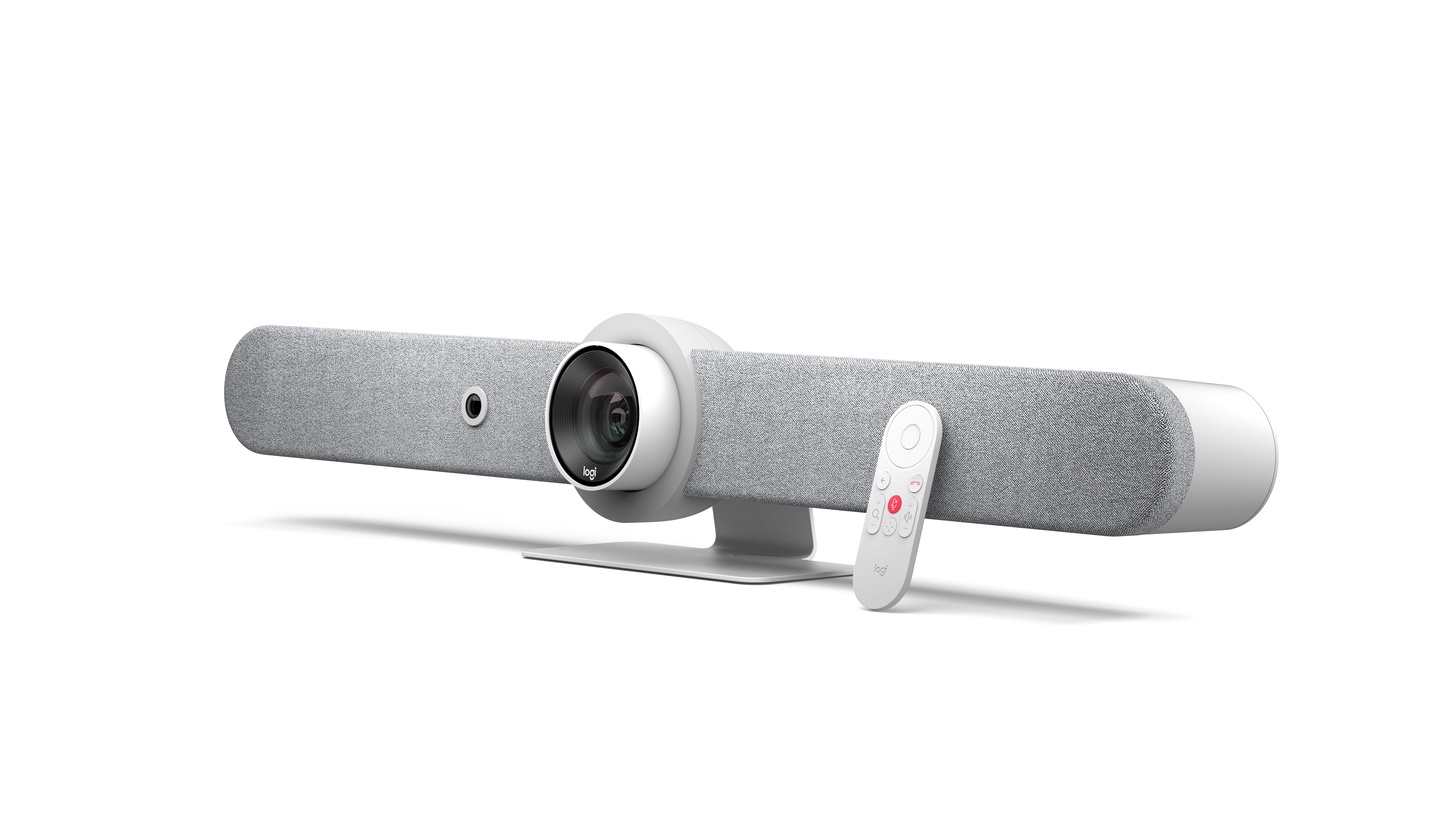 Ein Logitech-Videokonferenzgerät mit Fernbedienung. Es hat eine Kamera, einen Lautsprecher und ein Mikrofon.