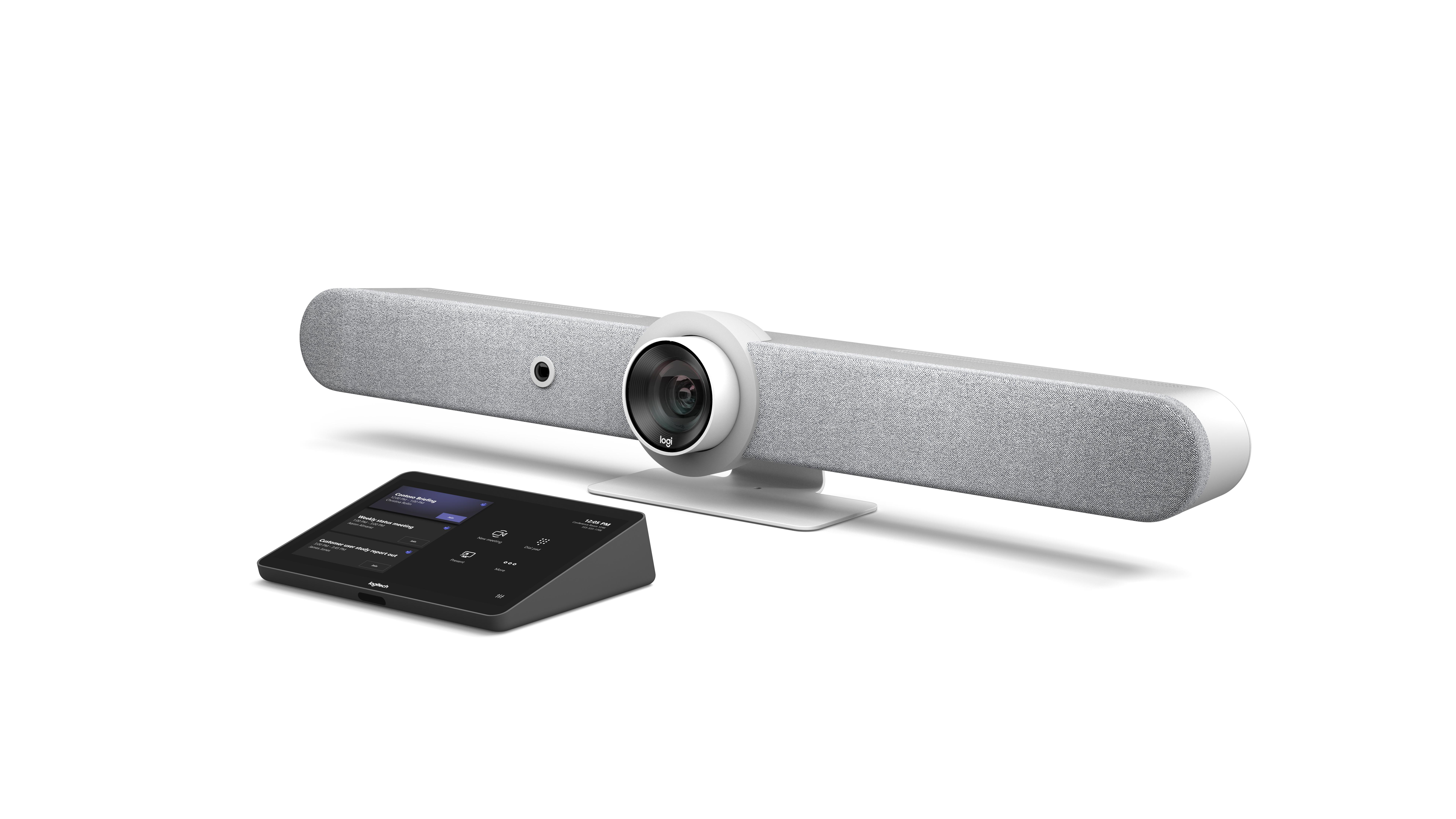 Ein Logitech-Videokonferenzsystem. Es hat eine lange, graue Lautsprecherleiste, eine Kamera und ein Bedienfeld. Alles auf weißem Hintergrund.