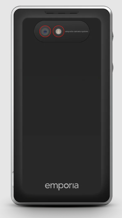 Die Rückseite eines schwarzen Emporia-Smartphones. Es hat ein Dual-Kamerasystem, einen silbernen Rahmen und das Emporia-Logo.