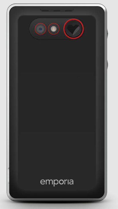 Schwarze Smartphone-Rückseite. Hat Kamera und herzförmige Taste. Das Wort 'emporia' steht unten. Silberne Ränder.
