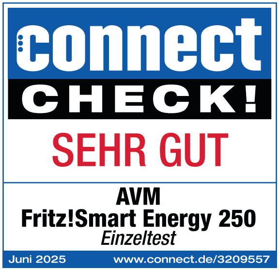 Connect Check! Sehr gute Bewertung für AVM Fritz!Smart Energy 250. Text und Logo auf weißem und blauem Hintergrund. Juni 2025.