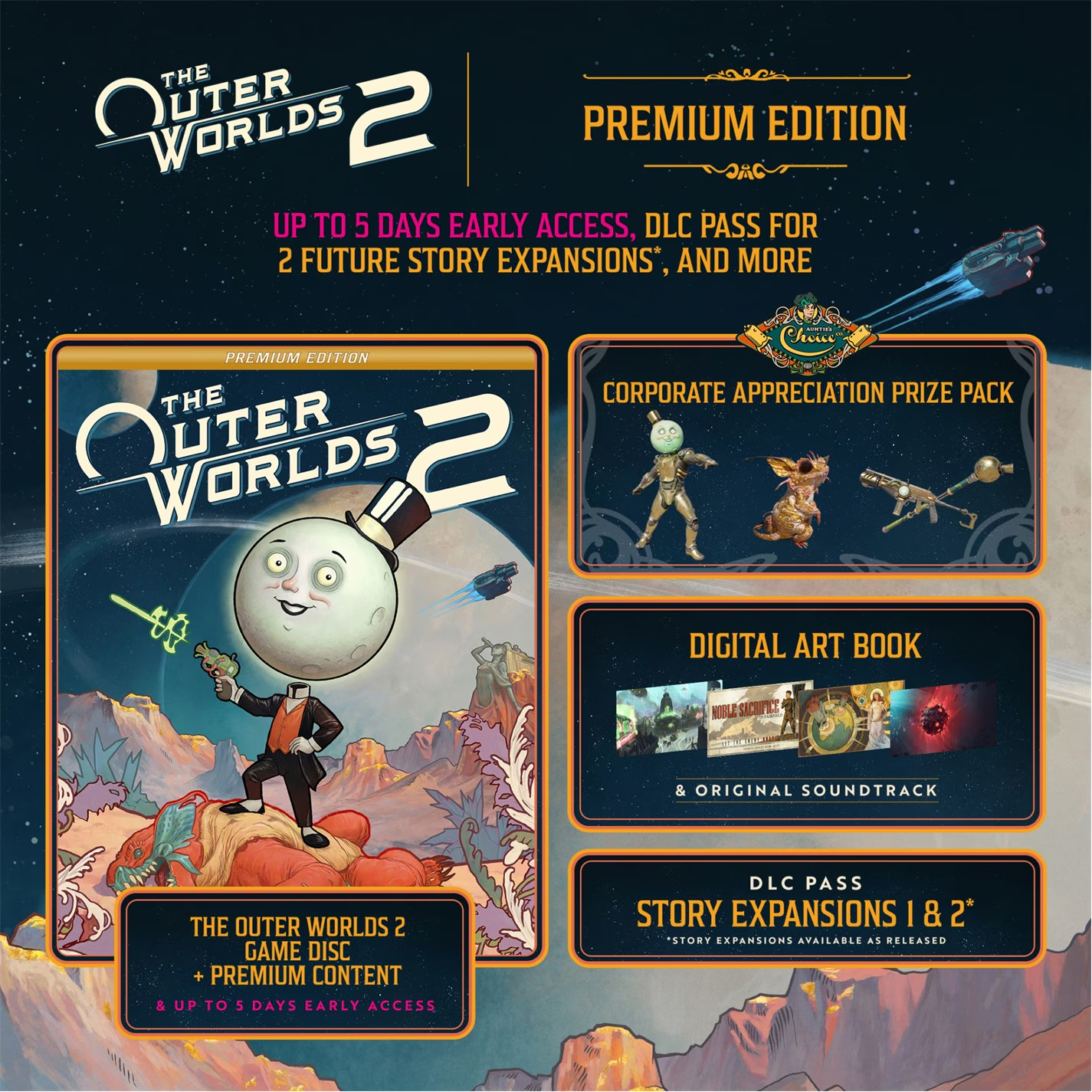 Publicité pour l'édition Premium de The Outer Worlds 2. Comprend un personnage à tête de lune, un disque de jeu, un pass DLC et d'autres contenus numériques.
