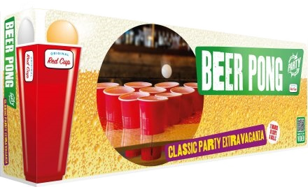 Pudełko do gry w beer ponga. Pokazano czerwone kubki i piłkę. Tekst zawiera "Beer Pong Party" i "Classic Party Extravaganza."