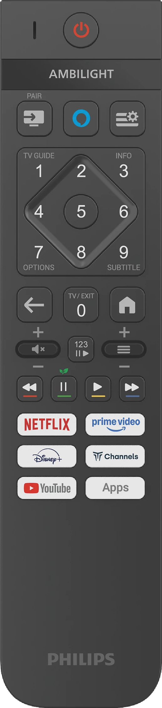 Un telecomando TV Philips. Ha pulsanti per accensione, Netflix, YouTube, numeri, volume e navigazione.