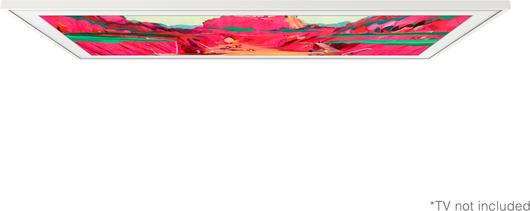 Ein Kunstwerk einer roten Landschaft mit grünen Linien in einem weiß gerahmten Fernseher. Der Hintergrund ist schwarz.
