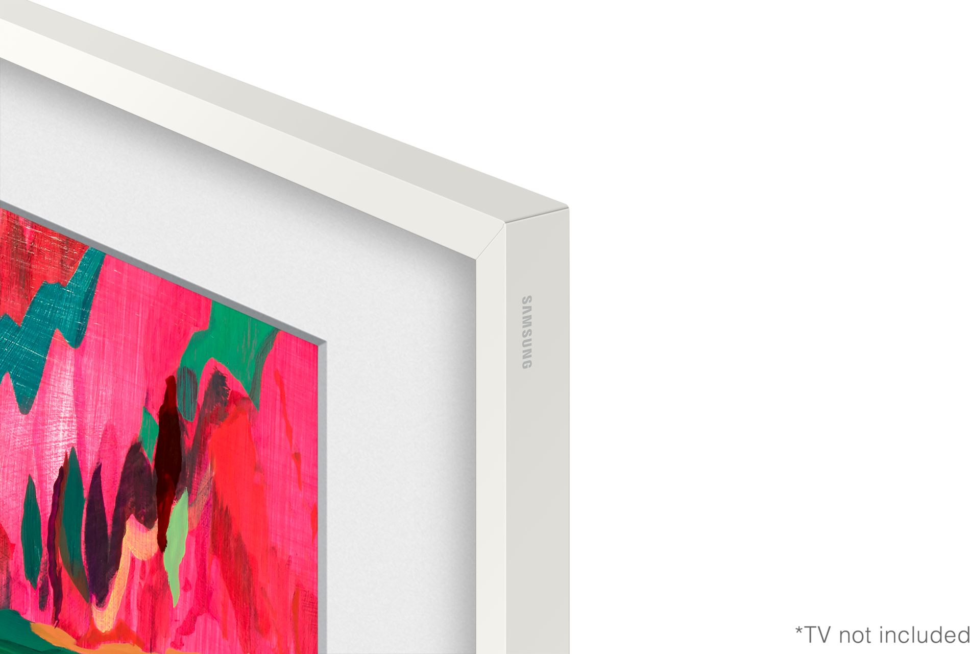 Ein weiß gerahmtes Kunstwerk. Die Kunst ist ein lebendiger Abstrakt mit rosa, grünen und roten Farben. Die Rahmenecke hat ein Samsung-Logo.