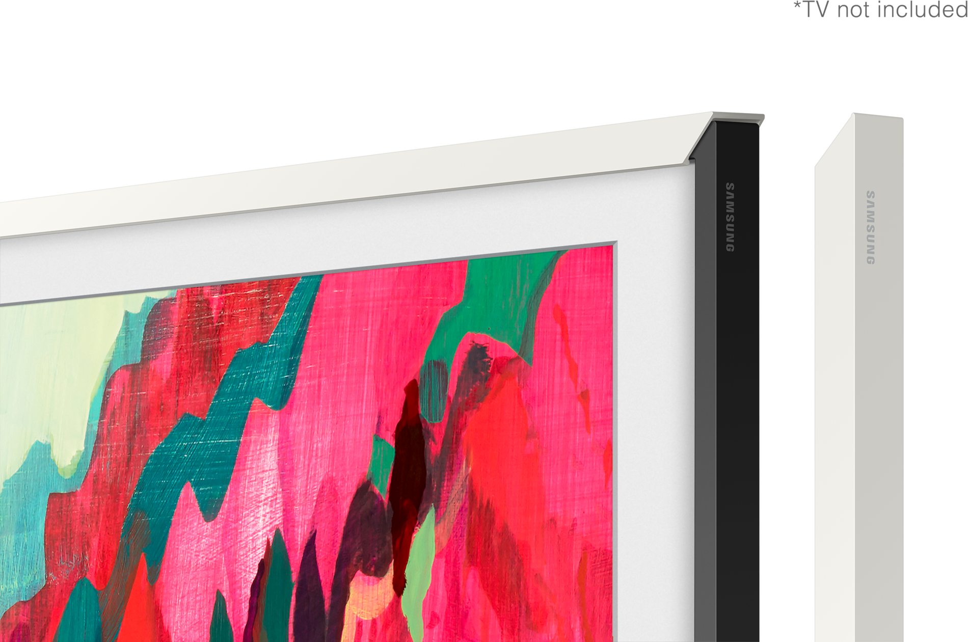 Nahaufnahme eines gerahmten Kunstwerks, das ein Gemälde mit rosa, grünen und roten Pinselstrichen zeigt. Ein Samsung-Rahmen ist sichtbar.