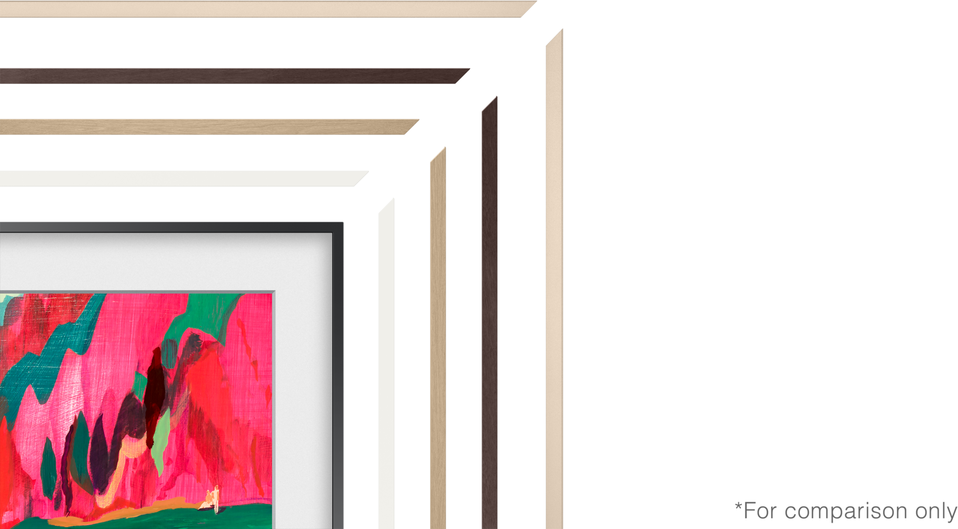 Kunstwerk mit verschiedenen Rahmenmustern vor schwarzem Hintergrund. Das Gemälde hat leuchtend pinke und grüne Farben.
