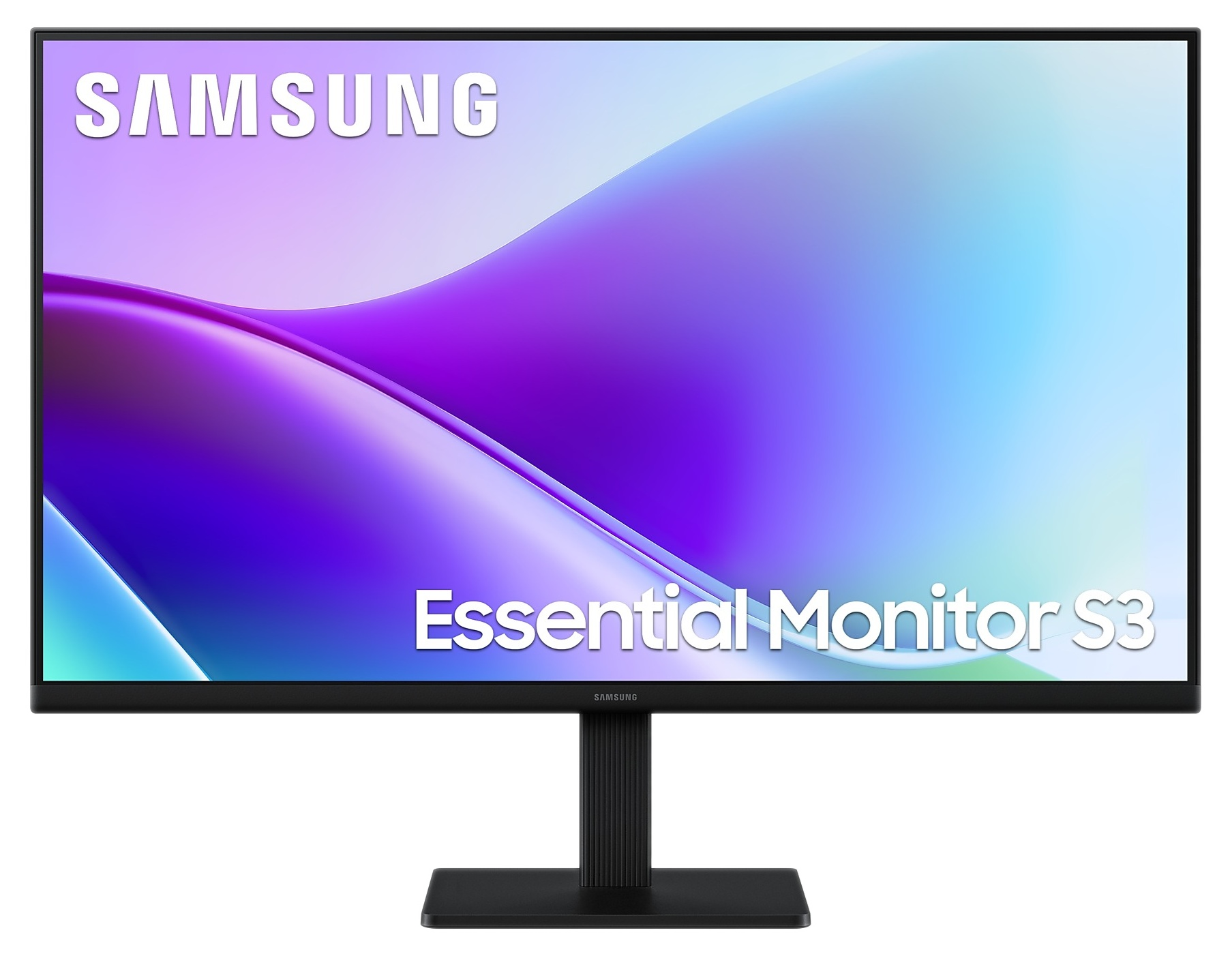 Samsung Essential Monitor S3. Ekran pokazuje fioletowo-niebieski gradient. Czarna podstawa i stopka. Widoczne logo Samsung.