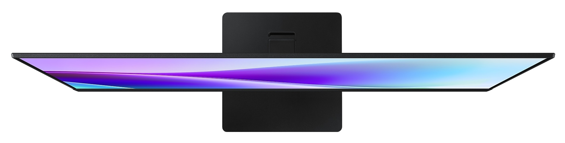 Widok z góry na czarny monitor z kolorowym ekranem. Stojak jest również czarny.