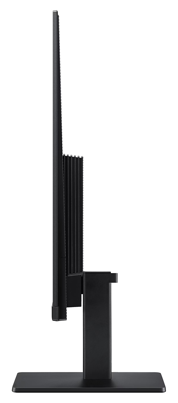 Czarny monitor komputerowy pokazany z boku. Ma podstawę i podstawę. Tło jest białe.