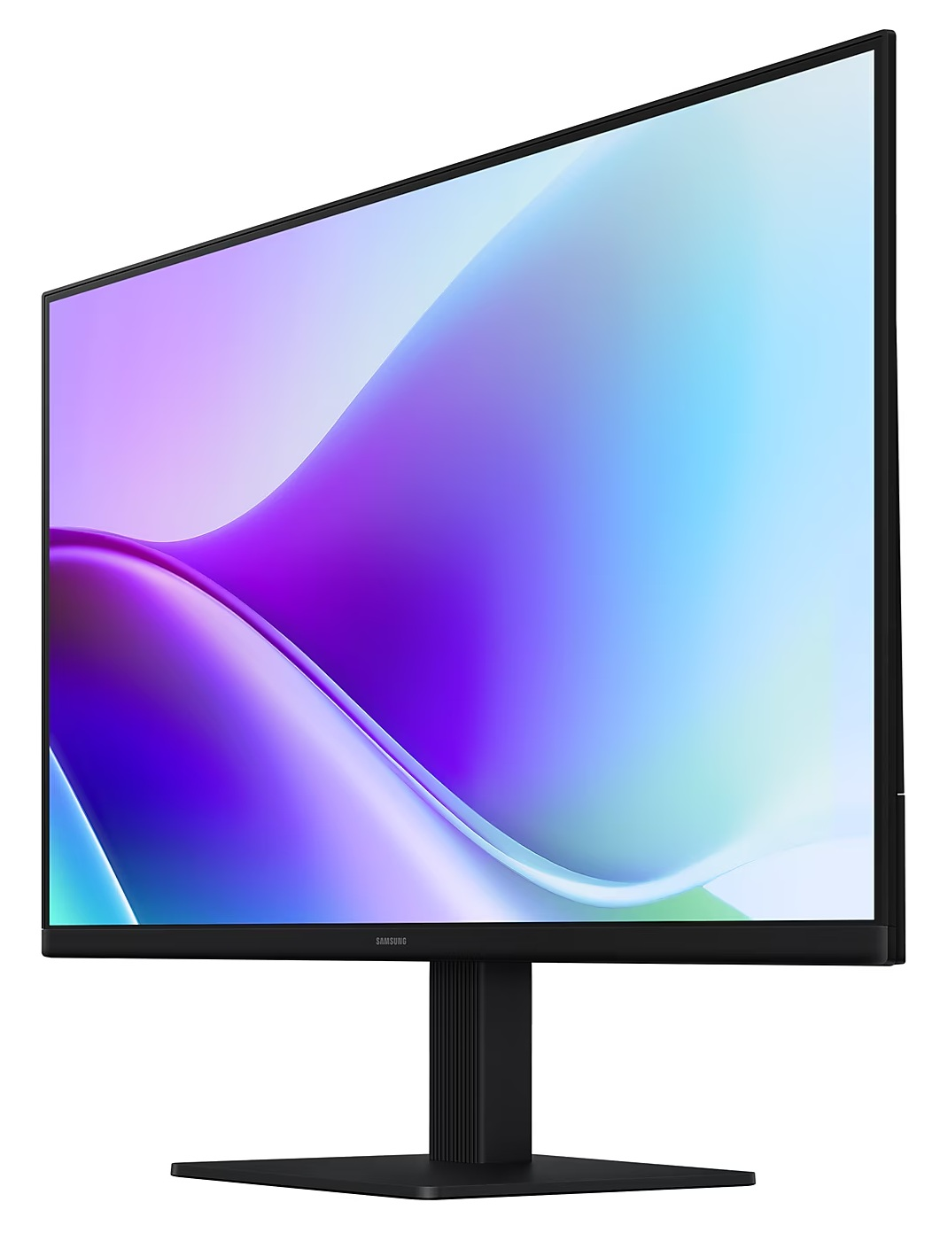Czarny monitor komputerowy Samsung. Ekran wyświetla abstrakcyjne fale fioletowe, niebieskie i białe. Monitor stoi na czarnym stojaku.