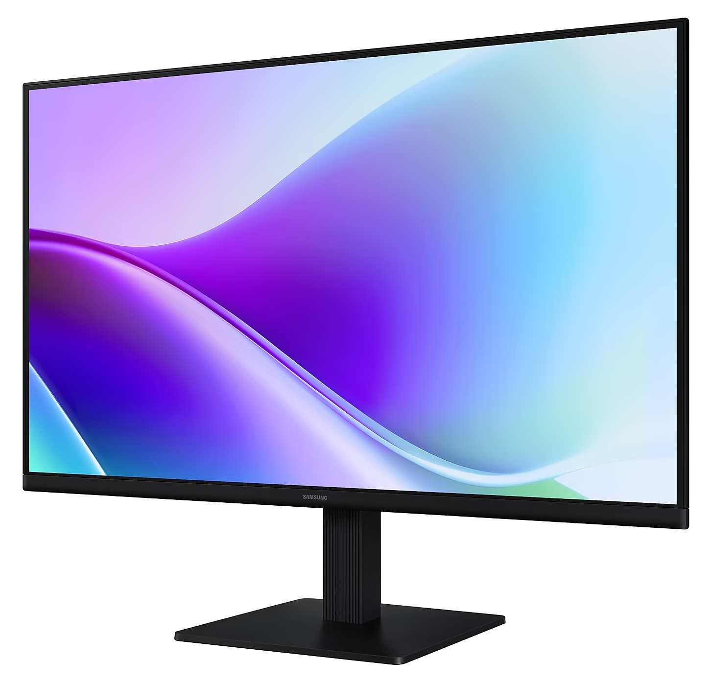 Czarny monitor Samsung wyświetla fioletowy, niebieski i biały abstrakcyjny wzór. Monitor stoi na czarnym stojaku.
