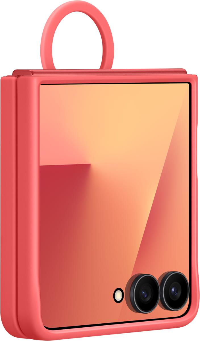 Un téléphone pliable rose corail. Comporte une poignée et deux lentilles de caméra à l'arrière. L'écran affiche un dégradé orange.