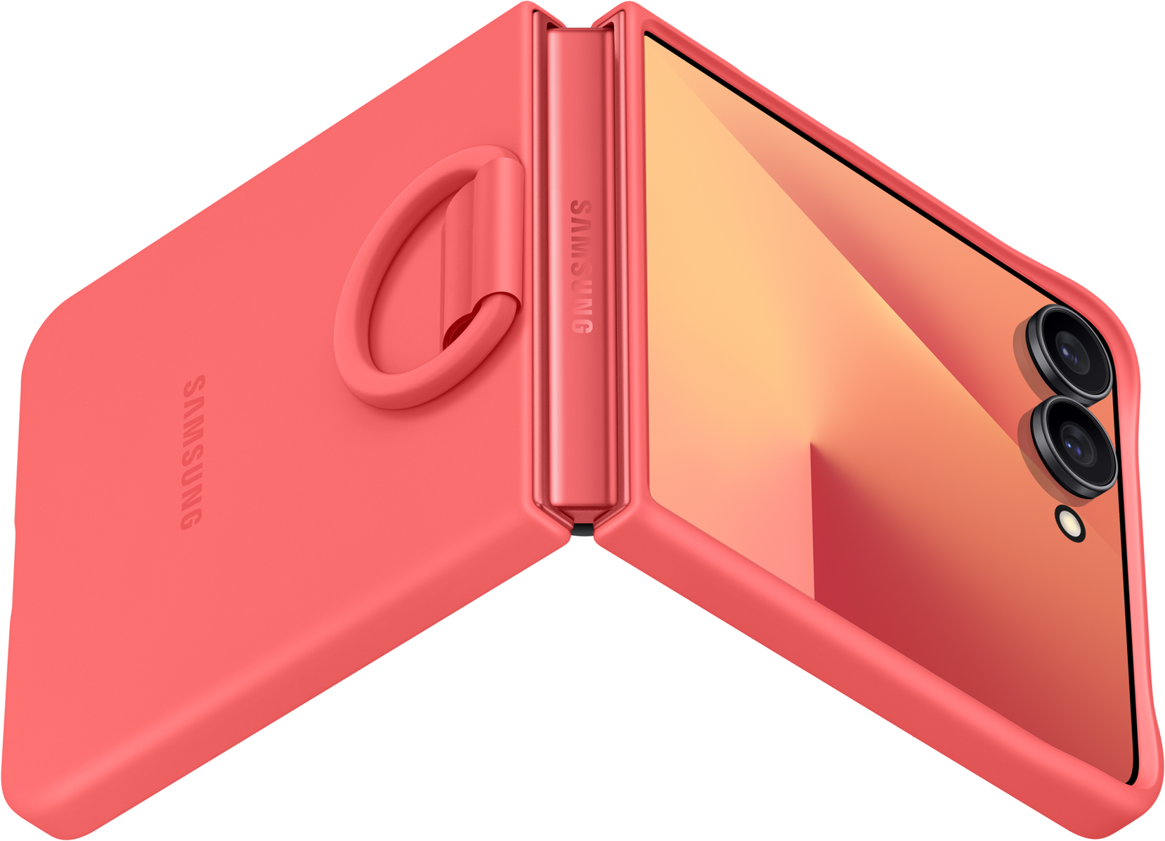 Téléphone Samsung rose corail, ouvert, avec un porte-anneau. L'écran est orange et rose. Fond noir.