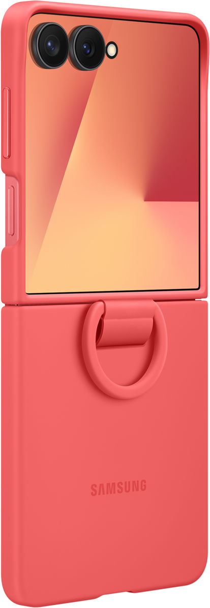 Coque de téléphone corail avec poignée anneau. Haut : caméras, écran. Bas : logo Samsung.
