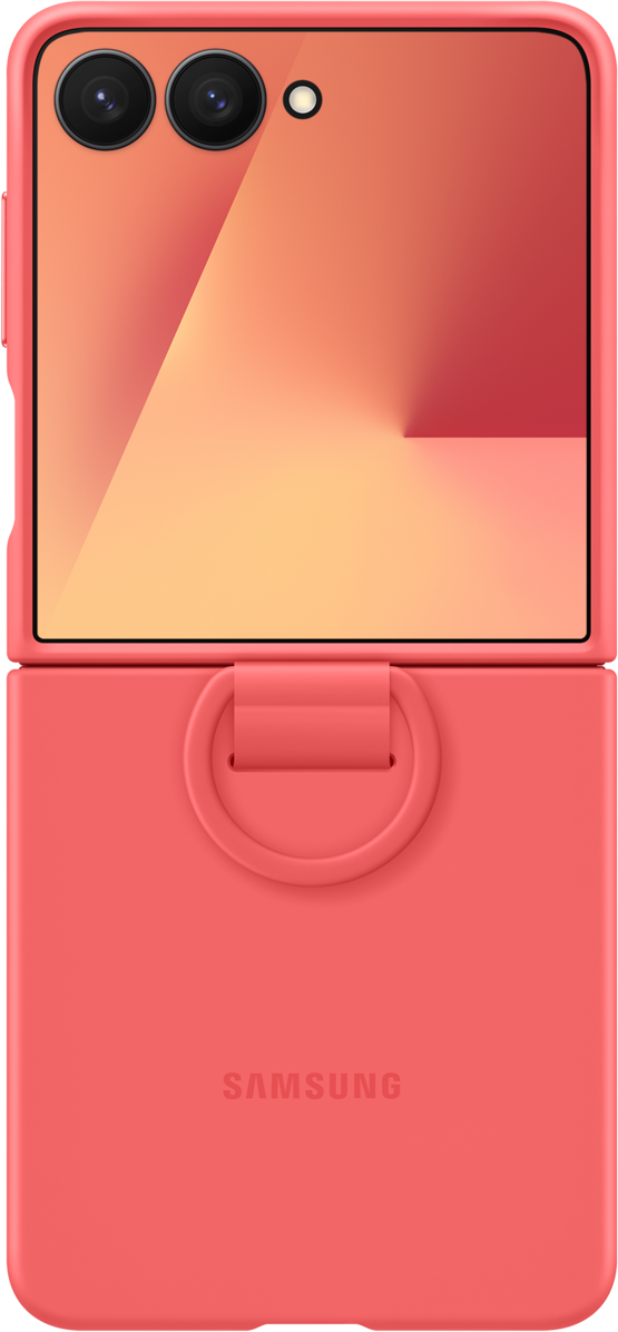 Téléphone pliable Samsung corail. La partie supérieure montre des caméras, le bas a un anneau. Le logo Samsung est visible.