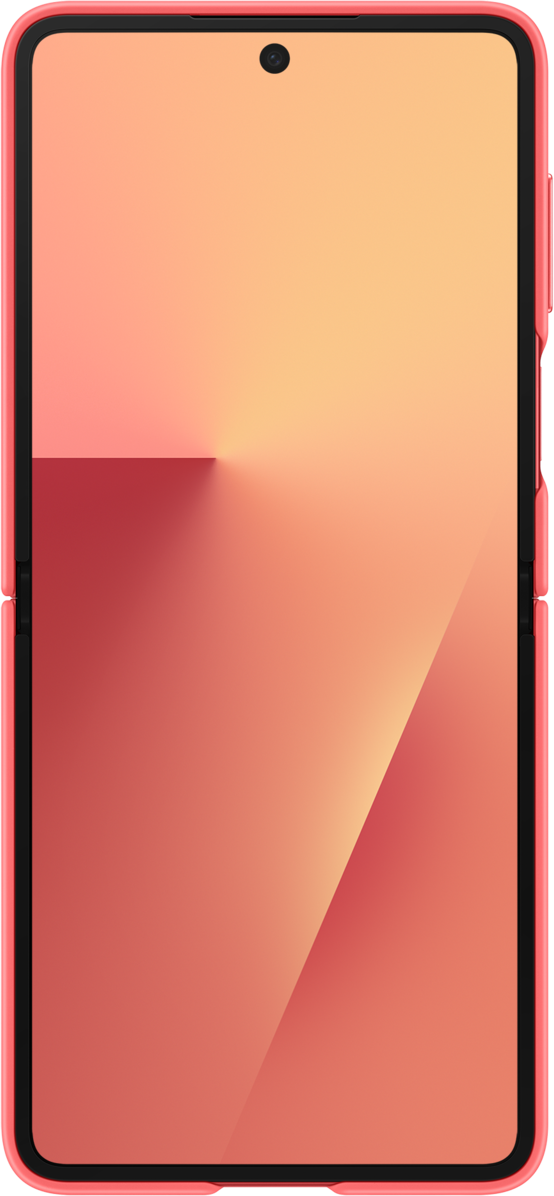 Smartphone pliable de couleur corail. L'écran affiche un dégradé d'orange à rouge. Le téléphone a un cadre noir.