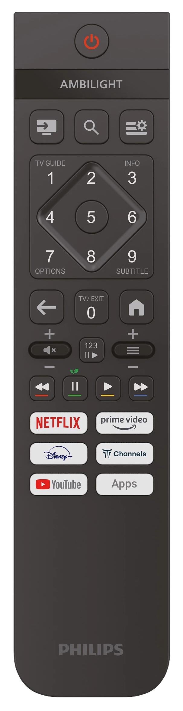 Ciemnoszary pilot do telewizora Philips. Posiada wiele przycisków do przewodnika TV, opcji, Netflix i innych.