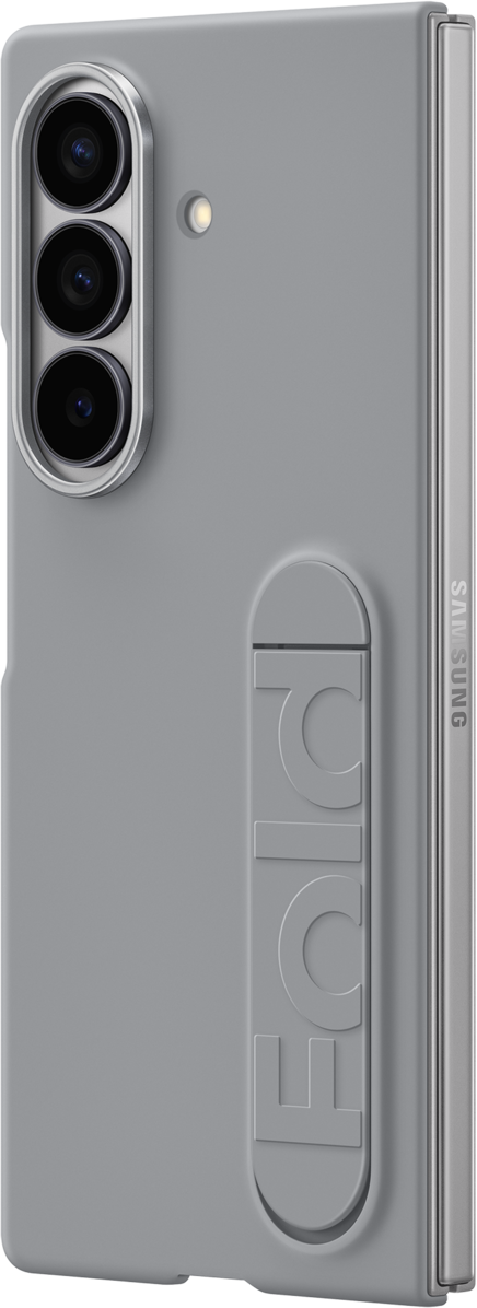 Una custodia grigia per telefono con la scritta "Fold" in rilievo. Ha un modulo fotocamera e il logo Samsung.