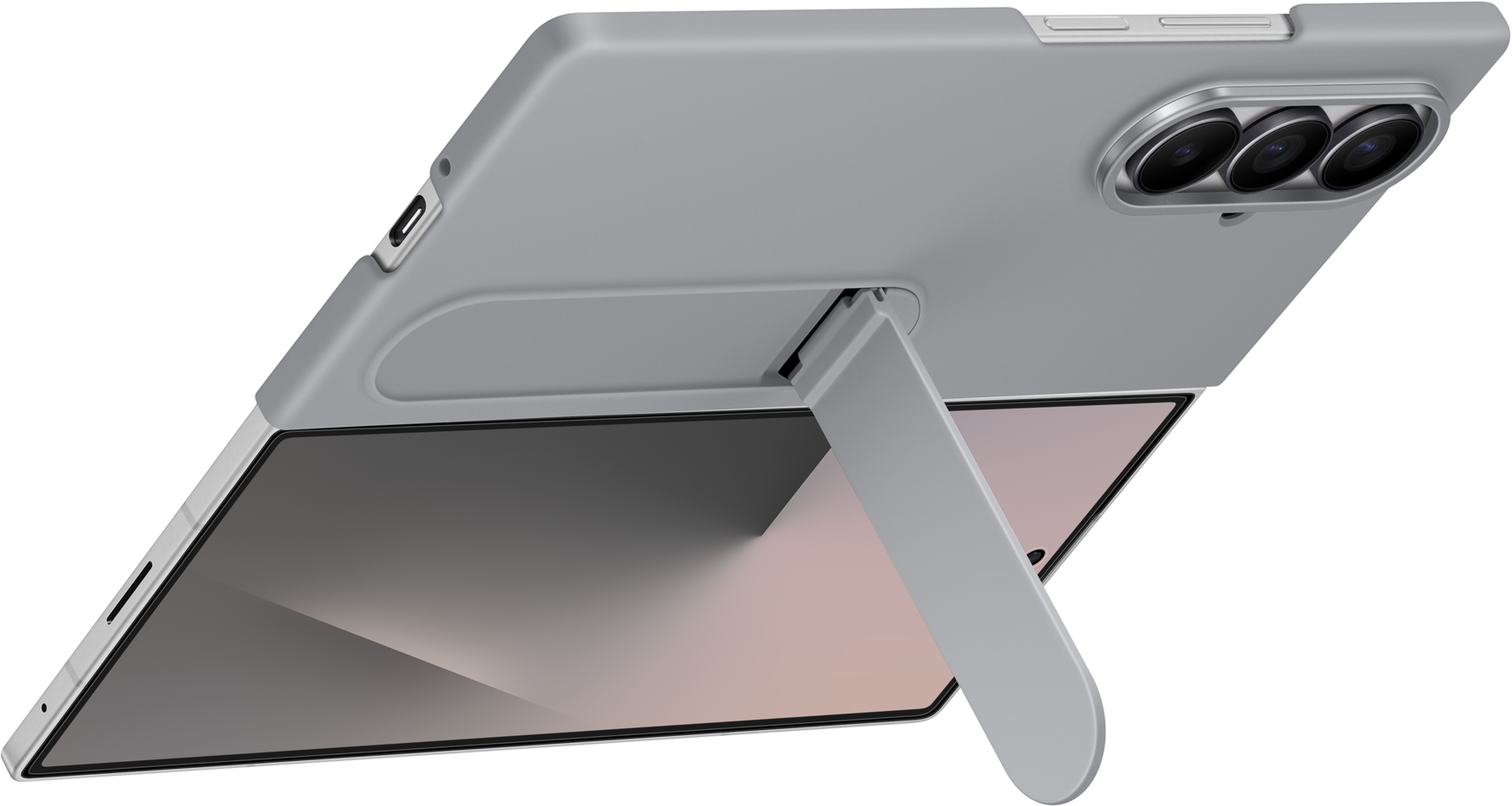 Un telefono grigio in una custodia è sorretto da un supporto. Lo schermo è visibile, mostrando una superficie rosa chiaro e grigia. Sfondo nero.
