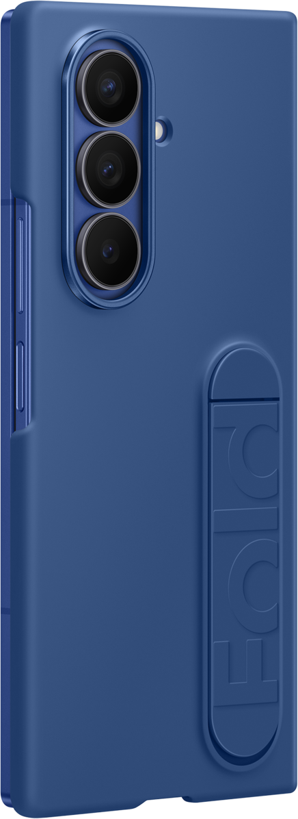 Una custodia blu per telefono con tre obiettivi. Un supporto con la scritta 'FOLD' è sul lato destro. Lo sfondo è blu.