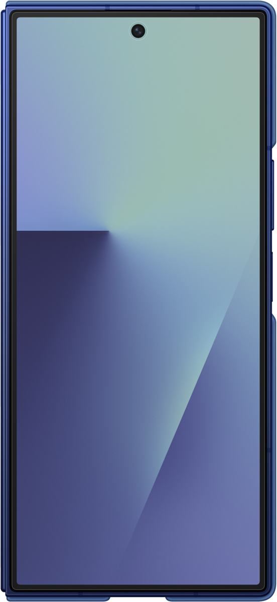 Uno smartphone blu mostra uno schermo sfumato. Ha una fotocamera in alto. Lo schermo passa dal verde al blu.